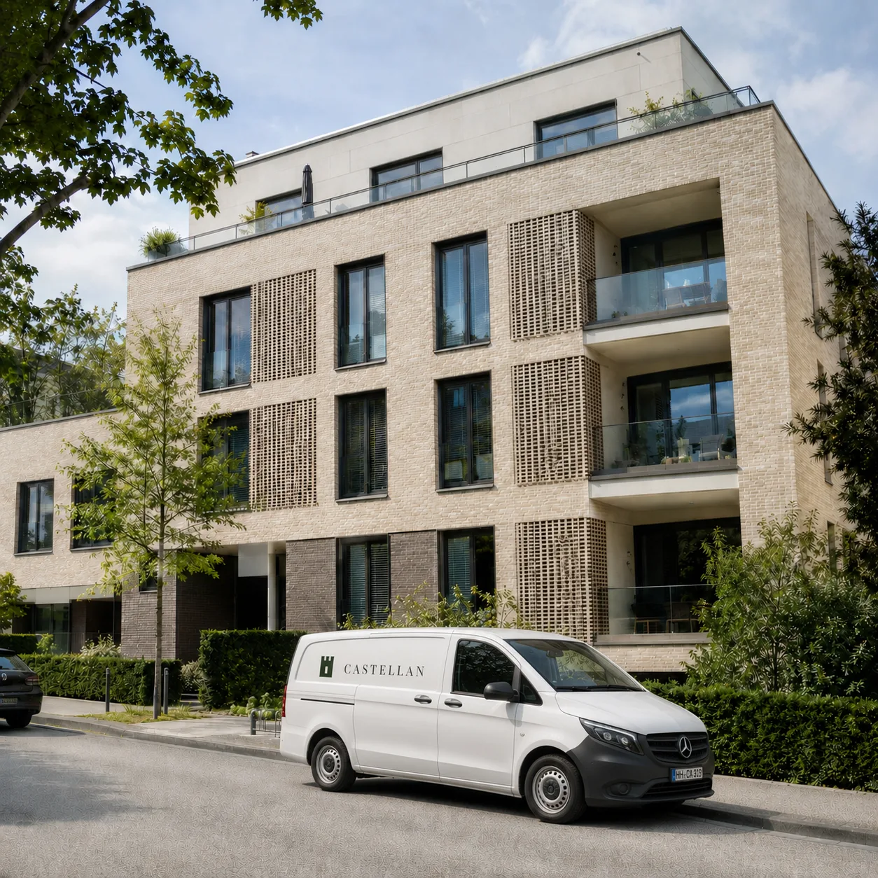 CASTELLAN Transporter vor einem verwalteten Mehrfamilienhaus